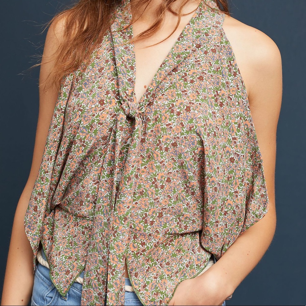Anthropologie Silk Floral Tie Front Top